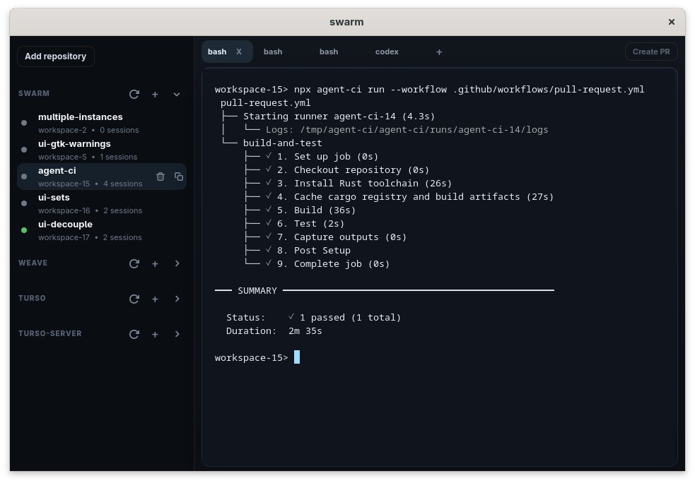 Agent CI running GitHub Actions workflow locally with full CI pipeline passing