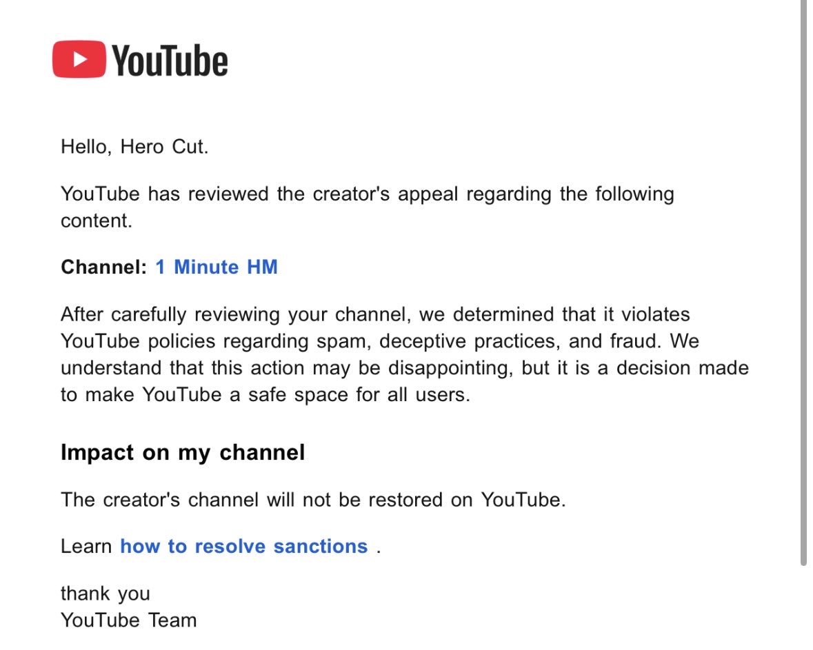 1M__HM's tweet photo. @TeamYouTube

My channel 1분HM
 https://t.co/Sf0sm9bbNw
📌 Timeline:

Feb 3, 2026 → Terminated (Spam/Scams)

Appeal → Rejected
Feb 17, 2026 → Reinstated after review (No violation found)
Feb 24, 2026 → Terminated AGAIN for the SAME reason
This is a clear inconsistency.

The same content was first approved, then penalized.
This strongly suggests an automated or mistaken enforcement.

I respectfully request a manual human review.