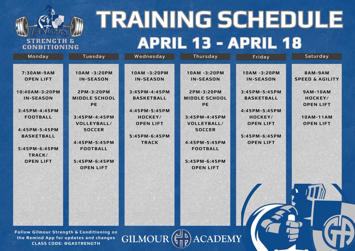 GALancerS_C's tweet photo. Weekly Training Schedule Apr. 13 - Apr. 18
#LancerStrong โ๏ธ https://t.co/cxFNH17iPn