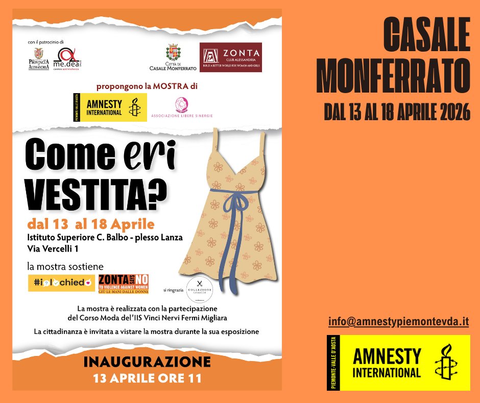 AmnestyPiemonte's tweet photo. A #CasaleMonferrato
Mostra: COM'ERI VESTITA ?
Per smantellare il pregiudizio che la vittima avrebbe potuto evitare la violenza semplicemente modificando il proprio abbigliamento
Dal 13 al 18 Aprile
Istituto Superiore C. Balbo - Plesso Lanza, Via Vercelli 1
#IoLoChiedo #SoloSìèSì https://t.co/jlata5SKGE