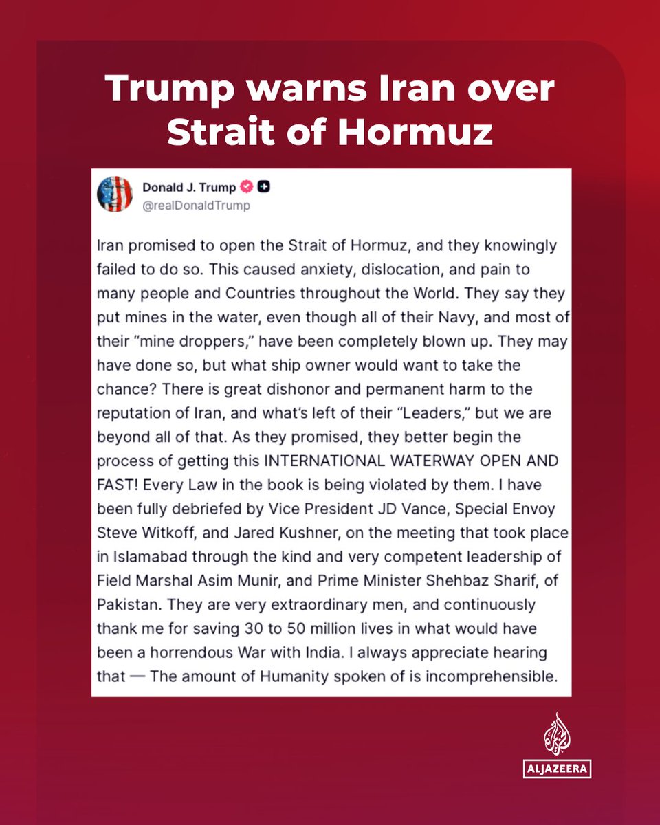 AJENews's tweet image. BREAKING: US President Donald Trump says the US Navy will immediately start blockading the Strait of ⁠Hormuz and would also interdict every vessel in international waters that had ⁠paid a toll to Iran.