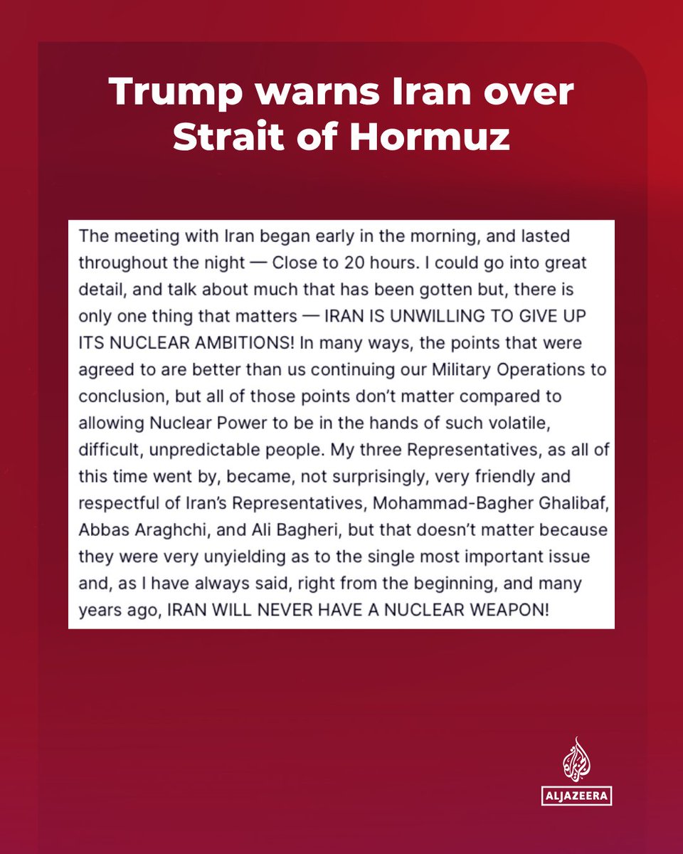 AJENews's tweet image. BREAKING: US President Donald Trump says the US Navy will immediately start blockading the Strait of ⁠Hormuz and would also interdict every vessel in international waters that had ⁠paid a toll to Iran.