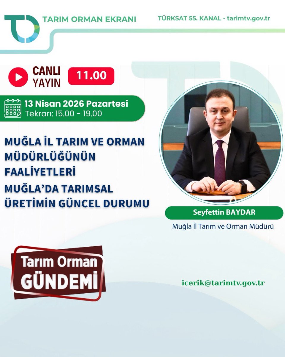 muglatarim's tweet photo. Tarım TV ekranlarında, Muğla tarımına dair çalışmalar ve projeler konuşuluyor.

Muğla İl Tarım ve Orman Müdürümüz Sayın Seyfettin Baydar, ilimizde yürütülen faaliyetleri ve tarımsal üretimin güncel durumunu sizlerle paylaşacak.
@TCTarim @tcmuglavaliligi @tobeydb @tarimtv https://t.co/srzZC5TZfp