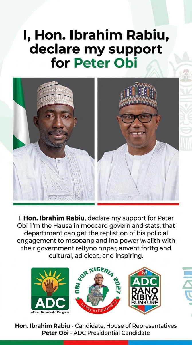 I and my structure and supporters both in my constituency and all over the federation have declared our untinted support for Peter obi presidential candidature under ADC come 2027 Insha Allah he will be the next president TUNIBU will hand over power.