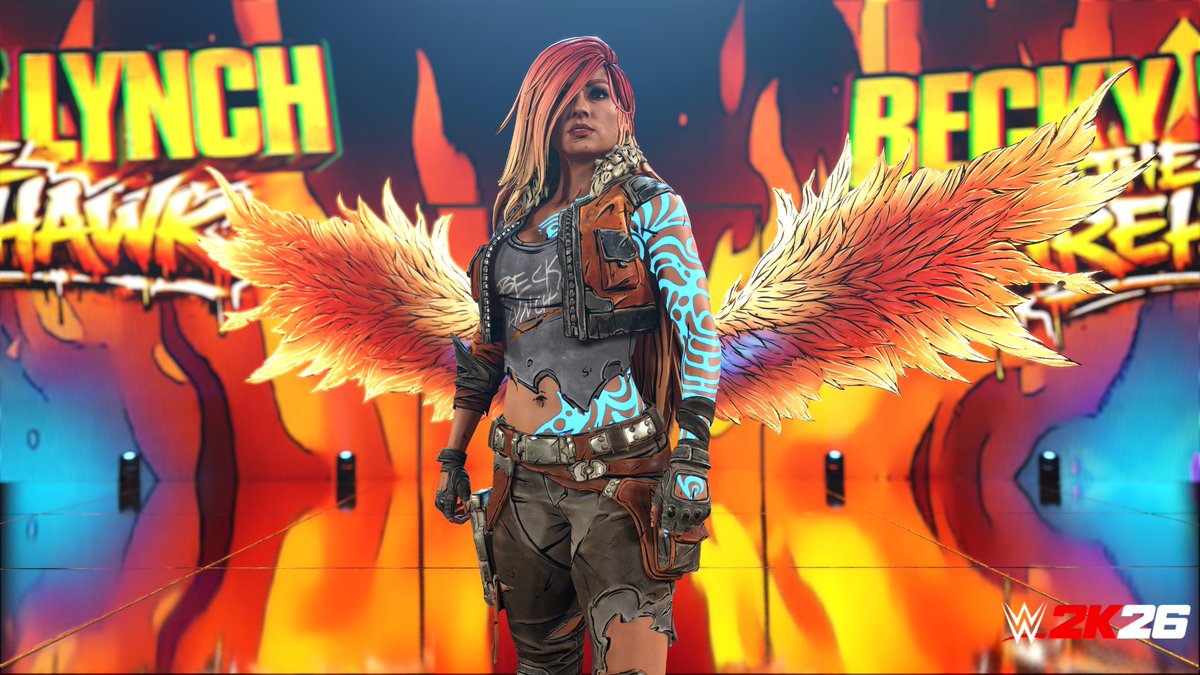 ThunderousOne2K's tweet image. We got a first look at Becky Lynch as 'The Firehawk' Lilith from Borderlands 4!

She looks badass but I hope her firehawk wings are just for her entrance.

#WWE2K26 #Borderlands