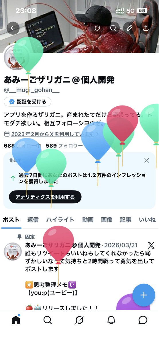 あみーごザリガニ@個人開発 tweet media