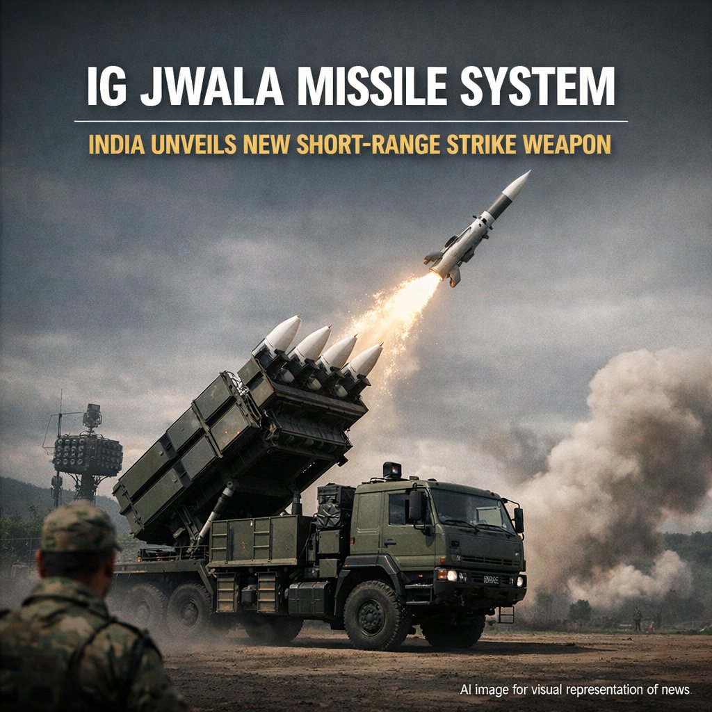 IndianDefenceT's tweet image. IG Defence unveiled IG Jwala, an indigenous short-range missile system designed for rapid-response precision strikes, enhancing India’s tactical battlefield capabilities and strengthening self-reliance in advanced defence technologies.

#DefenceNews #MissileSystem
