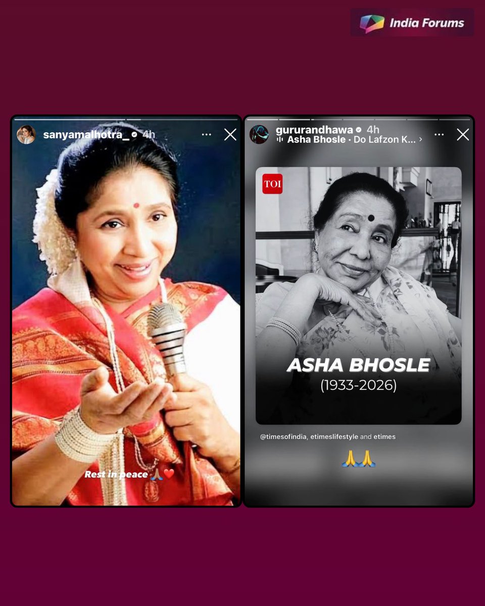 indiaforums's tweet photo. The entire Bollywood fraternity comes together in grief as they bid an emotional farewell to Asha Bhosle. From timeless melodies to unforgettable memories, her voice defined generations and will continue to echo forever.

.
.
.
#AshaBhosle #BollywoodMourns #LegendLost #RestInPeace