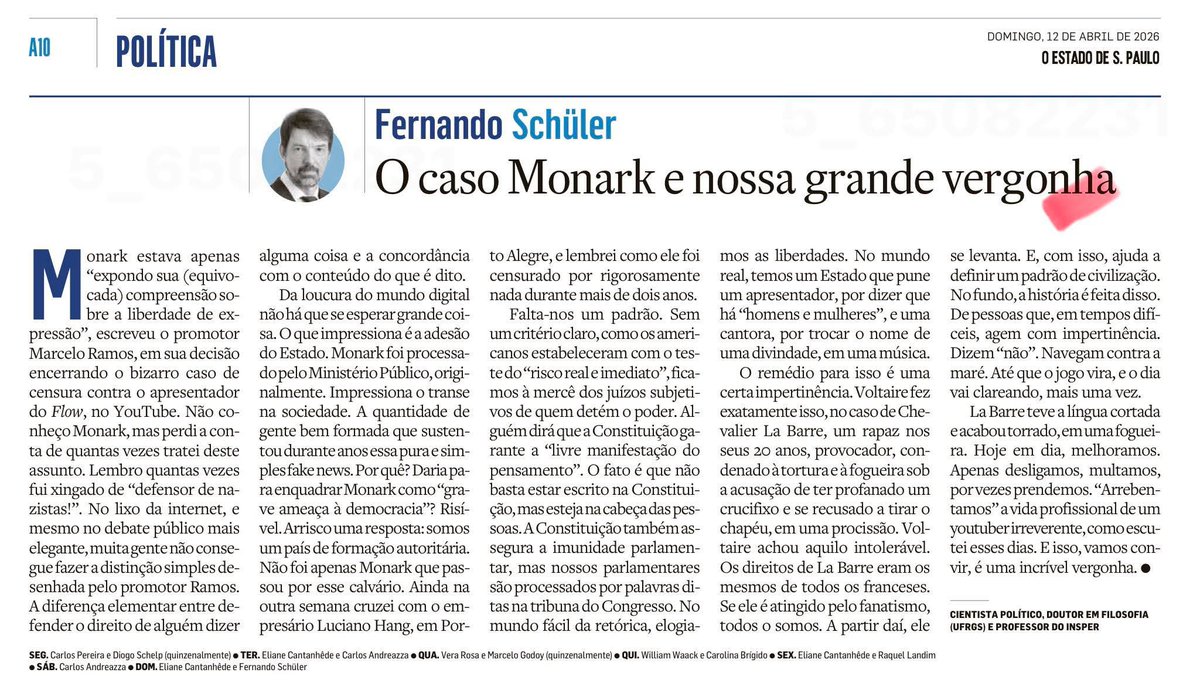 "O artigo de <a href="/fernandoschuler/">Fernando Schüler</a> sustenta que o caso Monark expôs uma vergonha maior do que o erro de um comunicador: expôs a incapacidade de boa parte do Estado e da sociedade de distinguir entre defender o direito de alguém falar e concordar com o conteúdo do que foi dito. Para o