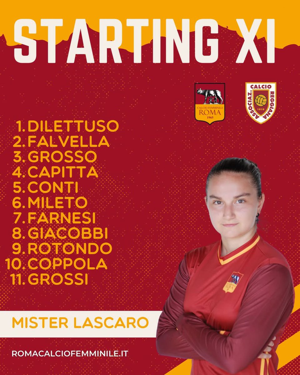ROMAcfem's tweet photo. MATCH DAY 🔛
Queste le undici scelte per la sfida di oggi ⬇️
￼Pronte a dare tutto, dal primo al novantesimo minuto 
￼Per Questa Maglia Storica 🟨🟥
￼
#MatchDay #LineUp #PrimaSquadra #RomaCalcioFemminile https://t.co/ne9lVFatTO