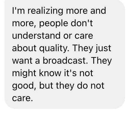 double5's tweet image. I try to believe #QualityMatters but...

(off to do PA for the Renegades later. On with Zolz tomorrow. Then baseball and The Clubhouse on Wed, baseball Thu and Fri, lacrosse Sat, and Meet the Beatles again next Sun. Oh yeah, and myriad podcasts)

#KeepGrinding #NoGatekeepers
