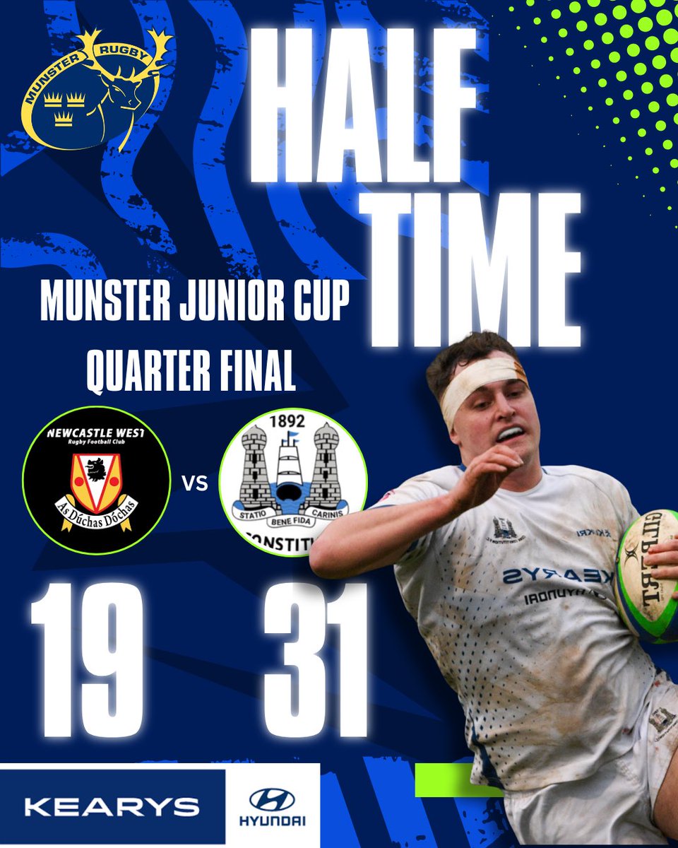 CorkConRugbyFC's tweet photo. Half-Time Update – Munster Junior Cup Quarter Final

Newcastle West RFC 19 – 31 Cork Constitution F.C.

A high-scoring first half with Con leading at the break 💥🔵⚪⚫

Plenty of rugby left to play — let’s keep the momentum going 💪

#UpTheCons #MunsterJuniorCup #PositiveEnergy https://t.co/JNJHNzqqx1