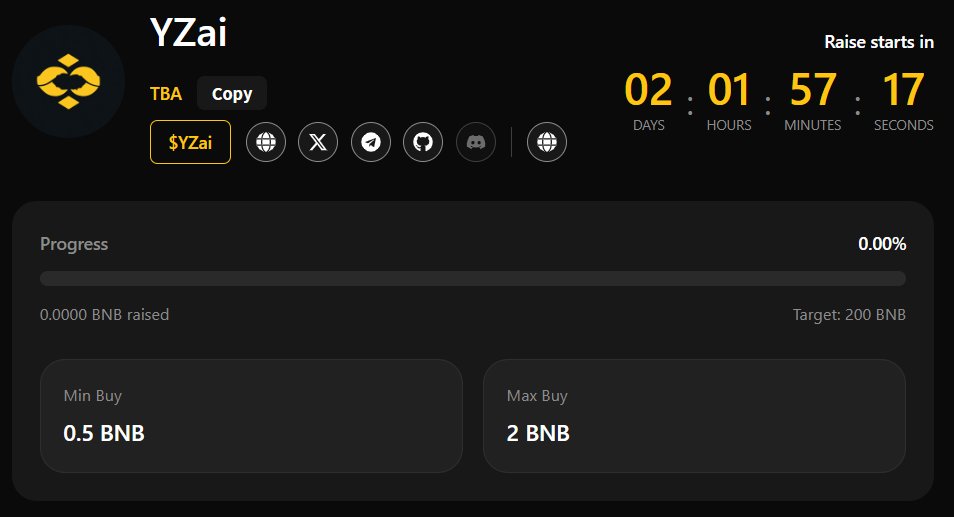The first project from YZai Labs, which is also our official coin, is about to start the sale.
YZai Labs的第一个项目，也是我们的官方硬币，即将开始销售。

This is the first Agent-led fundraising platform on BSC, and launch via <a href="/flapdotsh/">Flap 🦋</a>