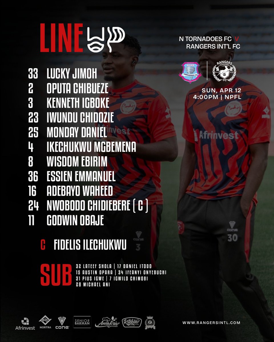 Rangers_Intl's tweet image. Lineup against Niger Tornadoes FC 🔴⚪

#NeverSayDie