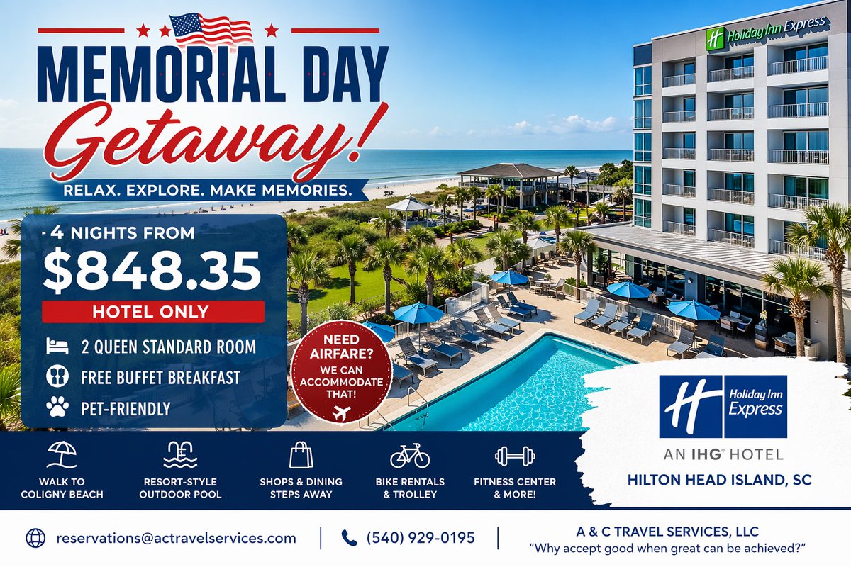 ACTRAVELSERVICE's tweet image. Memorial Day Sale! 🌴
Holiday Inn Express Hilton Head Island by IHG
4 nights from $848.35 🛏️ + FREE breakfast 🥞
Walk to the beach 🏖️

Hotel only—flights available!
📧 reservations@actravelservices.com

📱 540-929-0195

#TravelDeals #MemorialDay #BeachTrip
wix.to/rqbHqFr