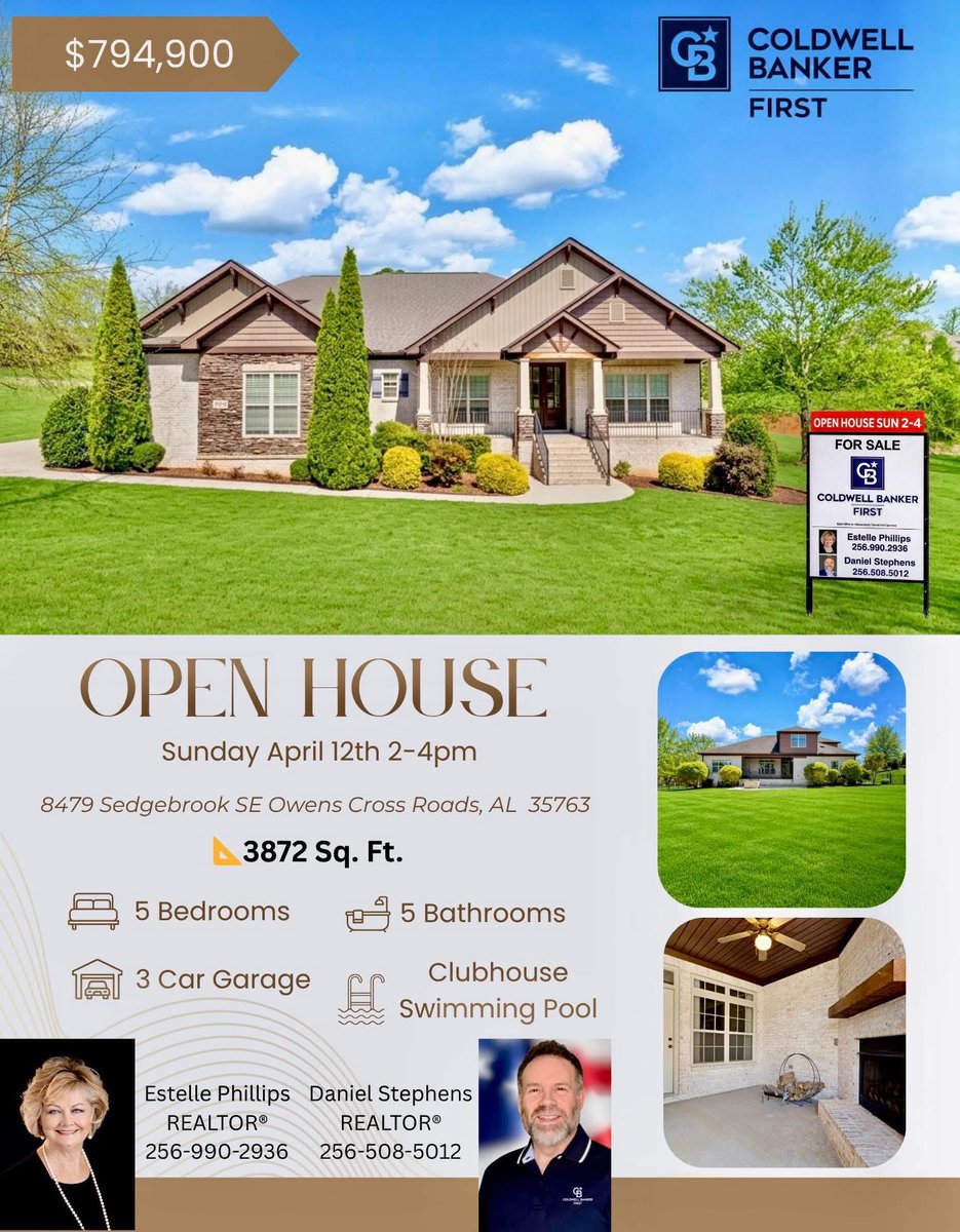 OPEN HOUSE
🗓️ Sunday, April 12th  2-4pm 
📍 8479 Sedgebrook Dr. Owens Cross Roads, AL 35763 

Beautiful LUXE Edition Greystone II situated on approximately 1.8 acres in River Ridge Retreat.