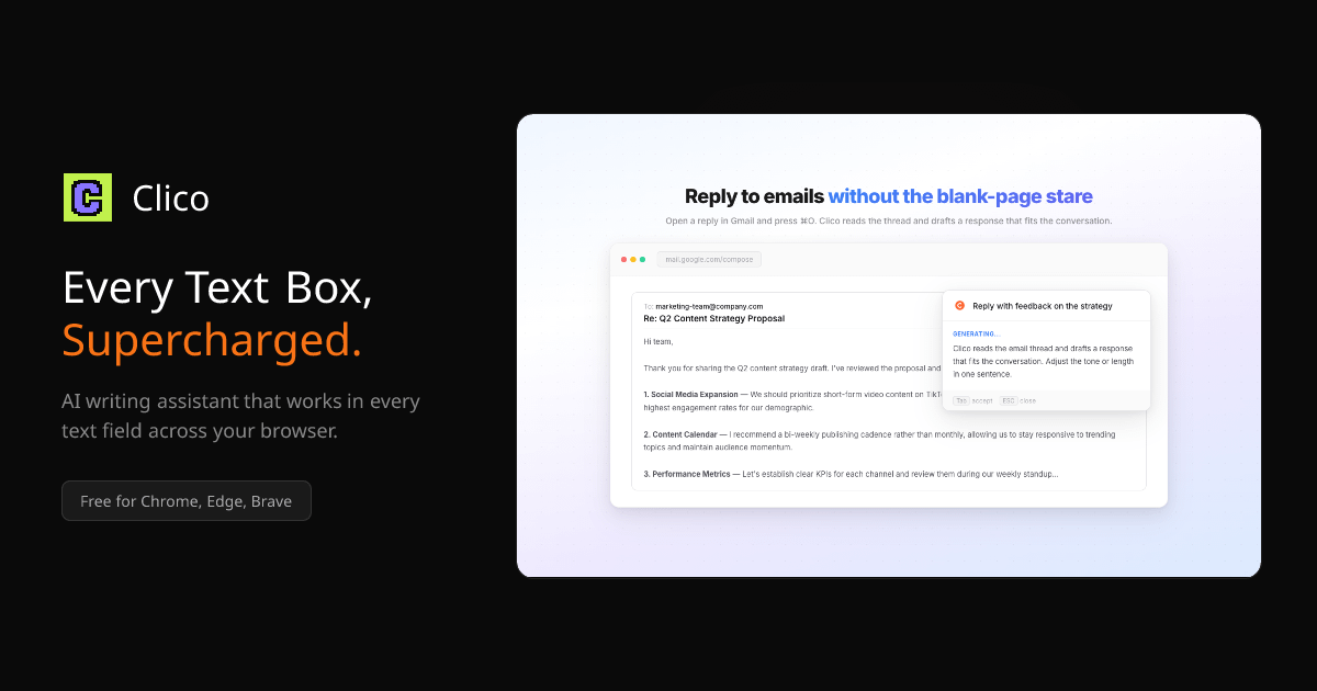 hey_mujeebahmed's tweet photo. You're probably using:
→ Grammarly for writing
→ Monica for AI help
→ Claude Extension for deep tasks
→ Gemini for quick answers

That's 4 tools. 4 tabs. Zero flow.

@tryclico replaces all of them.

Here's how 👇 https://t.co/LTthggmdAr