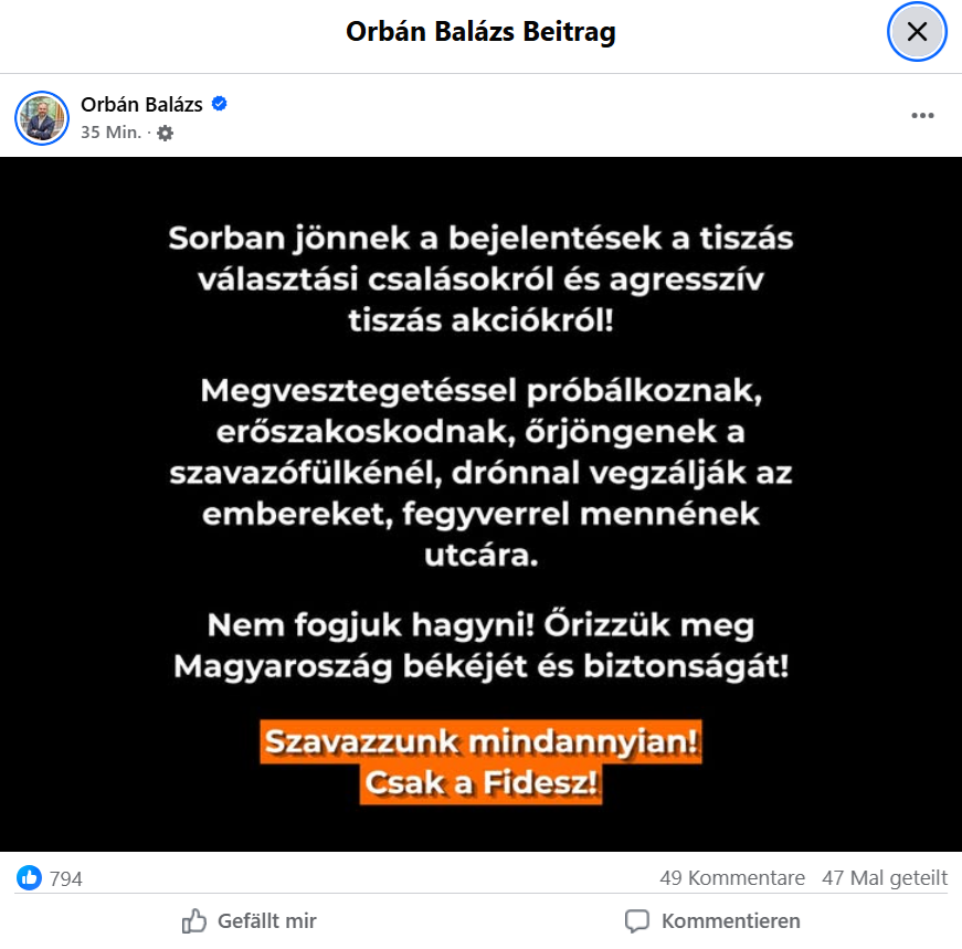 DanielHegedus82's tweet photo. #CrossingRedLines ❗️❗️❗️
In his Facebook post, @BalazsOrban_HU, the political director of Prime Minister Orbán, raises the specter of potential armed violence on the part of Tisza.

I am not aware of when we lost all state functions, including the security apparatus, over the past couple of days, but I am certain that such statements by government representatives not only constitute dangerous incitement, but also serve as framing for potential false-flag attacks, authoritarian measures by the government, and ultimately for undermining the democratic outcome of today’s elections.