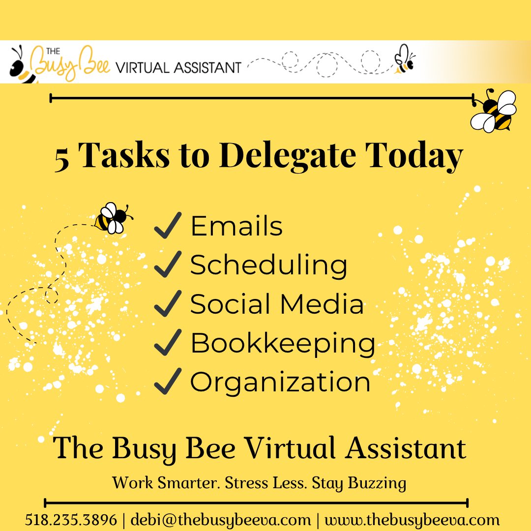TheBusyBeeVA's tweet image. 💡 5 Tasks You Should Be Delegating Right Now. If you're doing these daily… you're losing time you could spend growing your business.
Message me “DELEGATE” to get started &amp;amp; receive 10 Tasks to Delegate to a VA! #Delegate #VirtualAssistantServices