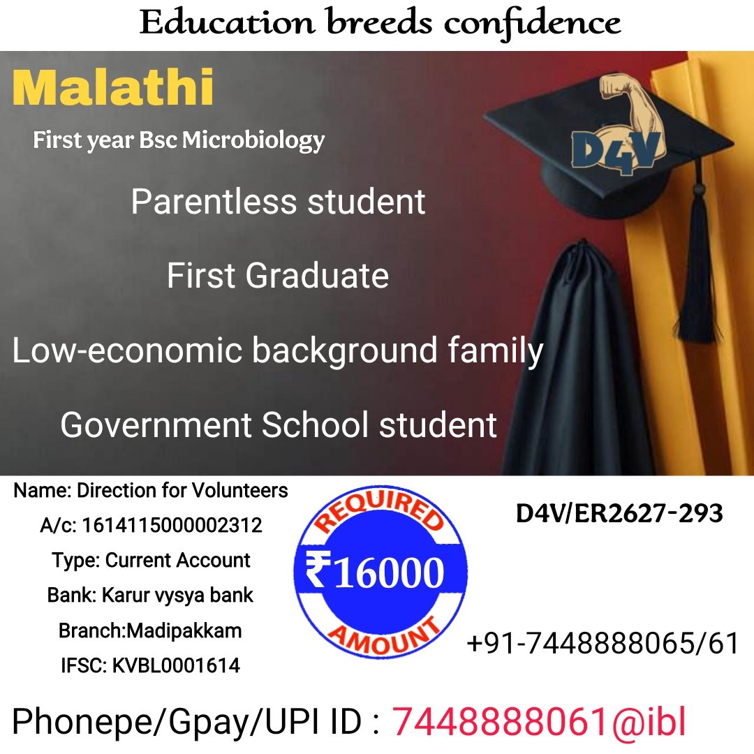 Malathi - First year BSc Micro biology 

🔖 Parentless Student
🔖Government School student
🔖First Graduate 
🔖Low-economic background family

Required amount- ₹ 16000

 Phonepe / Gpay / UPI ID:

 7448888061@ibl

bit.ly/D4VReceipt

Note : Tax Exempted under 80G