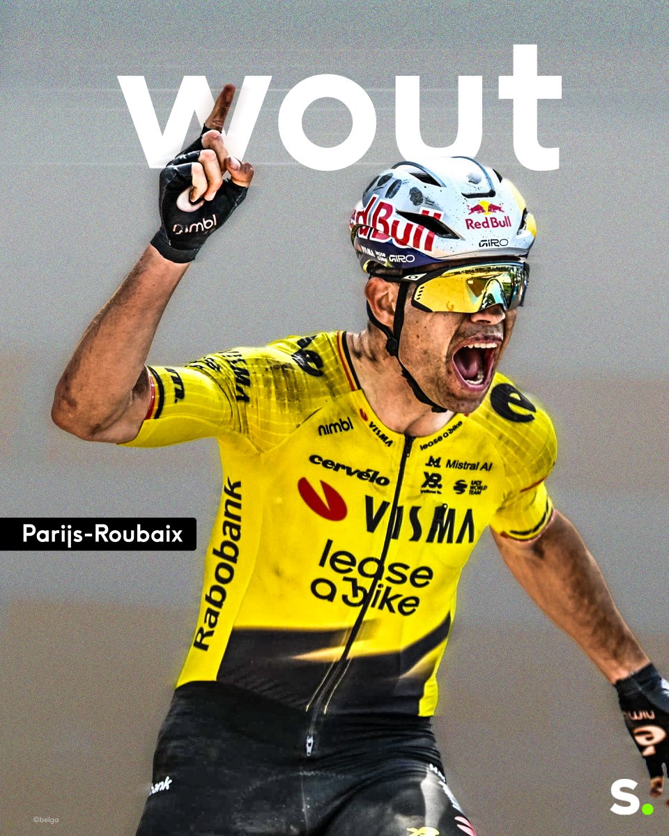 sporza's tweet image. Wout van Aert heeft eindelijk zijn kassei te pakken! 🤩#Wielrennen #ParisRoubaix26