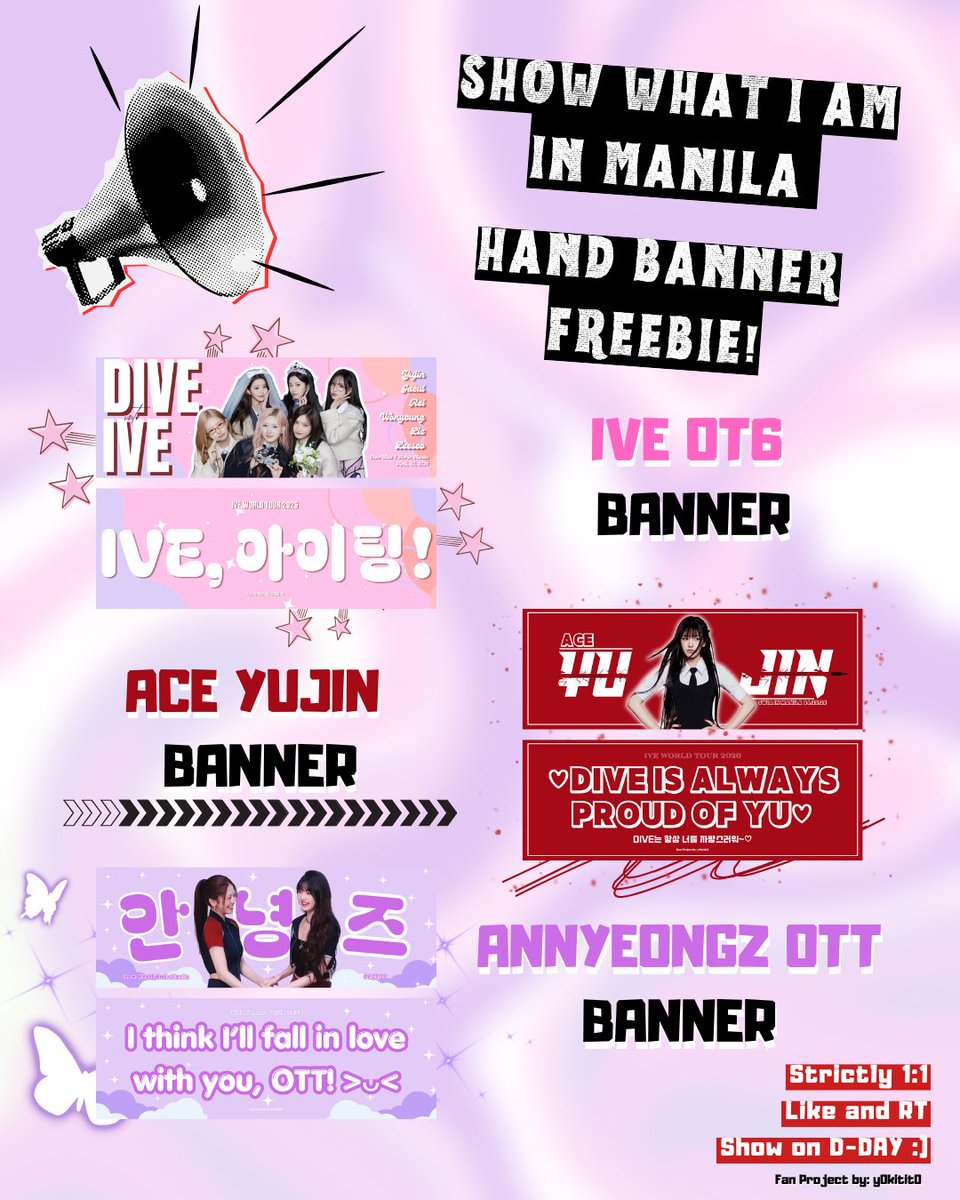 ˚⟡˖ ࣪ SHOW WHAT I AM IN MANILA ˚⟡˖ ࣪

Hand Banner Freebies  ˶ᵔ ᵕ ᵔ˶

IVE OT6 Hand Banner 🤍
Ace Yujin Hand Banner 🤍
Annyeongz OTT Hand Banner 🤍

To claim:
• Like and RT
• Show on d-day 

Can do trades :3
See you Dives! 🥰

#SHOW_WHAT_I_AM_in_Manila