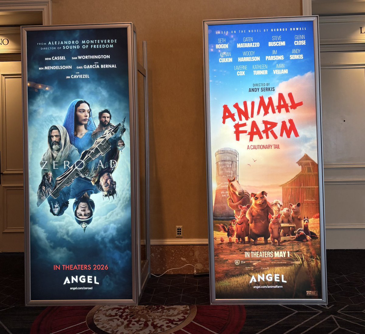 Fandango's tweet photo. Angel Studios has arrived at #CinemaCon!
#AnimalFarm - in theaters May 1
#YoungWashington - in theaters July 3
#ZeroAD - in theaters later this year https://t.co/UqZR7eF487