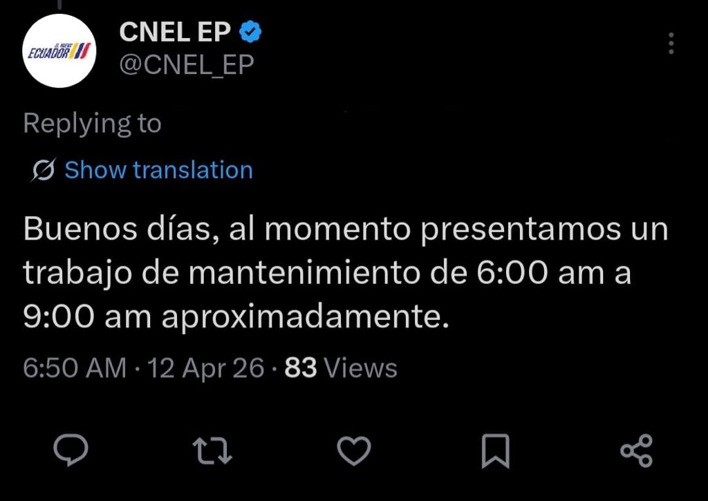 En Samborondón, sin luz desde las 6am y sin aviso previo.

<a href="/CNEL_EP/">CNEL EP</a> dice que es “mantenimiento”, pero no informaron con anticipación.

¿Racionamientos encubiertos?
Merecemos transparencia, no excusas.
<a href="/inesmanzano/">Ines Manzano</a>