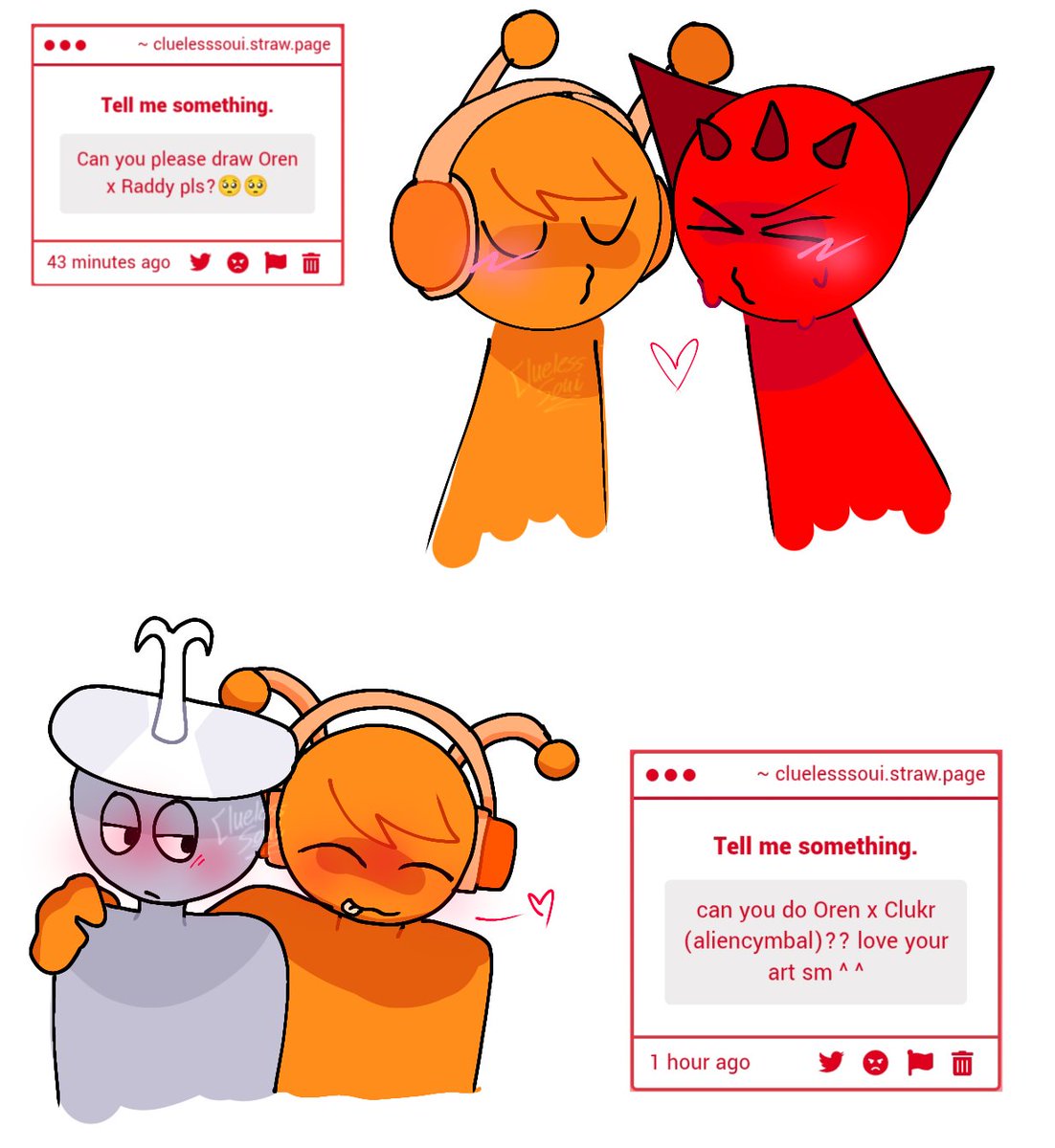 CluelessSoui's tweet photo. Oren x Raddy, Oren x Clukr, Jevin x Gray, Simon x Wenda
— #sprunki #sprunkifandom #sprunkifanart #sprunkiart #sprunkioren #sprunkiraddy #sprunkiclukr #sprunkijevin #sprunkigray #sprunkiwenda #sprunkisimon #fanart #incrediboxsprunki https://t.co/tDK0orylHO
