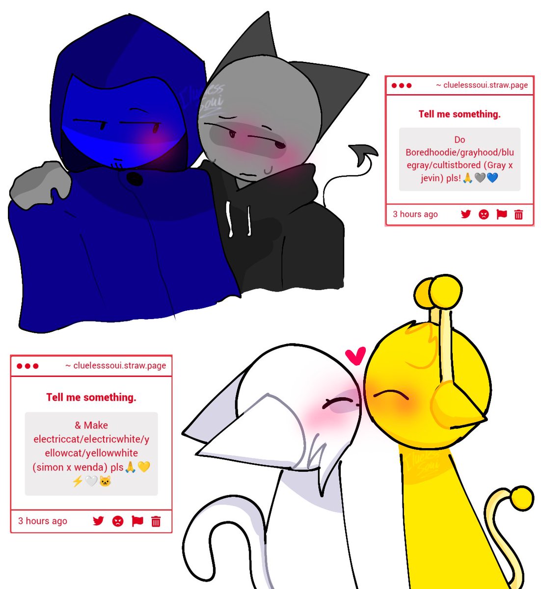 CluelessSoui's tweet photo. Oren x Raddy, Oren x Clukr, Jevin x Gray, Simon x Wenda
— #sprunki #sprunkifandom #sprunkifanart #sprunkiart #sprunkioren #sprunkiraddy #sprunkiclukr #sprunkijevin #sprunkigray #sprunkiwenda #sprunkisimon #fanart #incrediboxsprunki https://t.co/tDK0orylHO