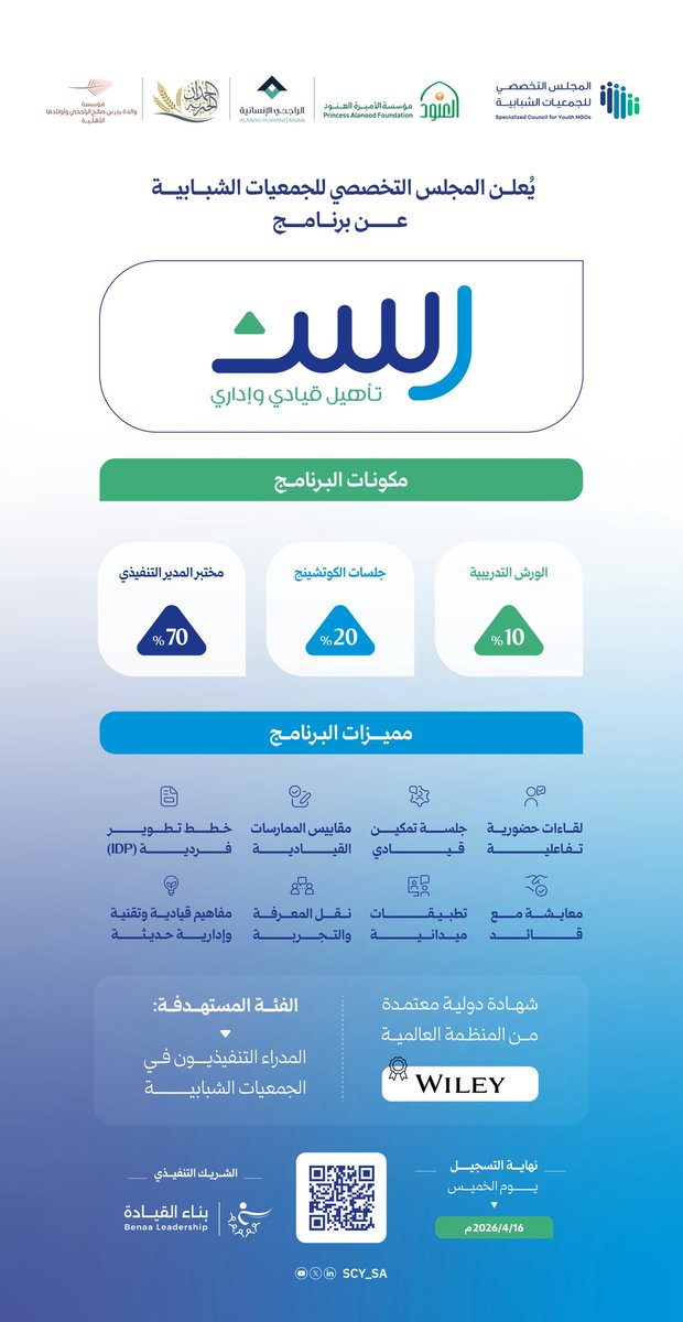 SCY_SA's tweet photo. #فرص | 2026 🎯

يعلن #مجلس_الجمعيات_الشبابية عن إطلاق برنامج 

رَســن 💠
لتأهيل المدراء التنفيذيين

يأتي البرنامج لتعزيز كفاءات المدراء التنفيذيين في الجمعيات الشبابية في الجوانب القيادية والإدارية والتقنية؛ بما يرفع كفاءة العمل المؤسسي ويعزز جودة الأداء 〽️

سجّل الآن عبر سهل ✔️
https://t.co/KDIWGIb1ik