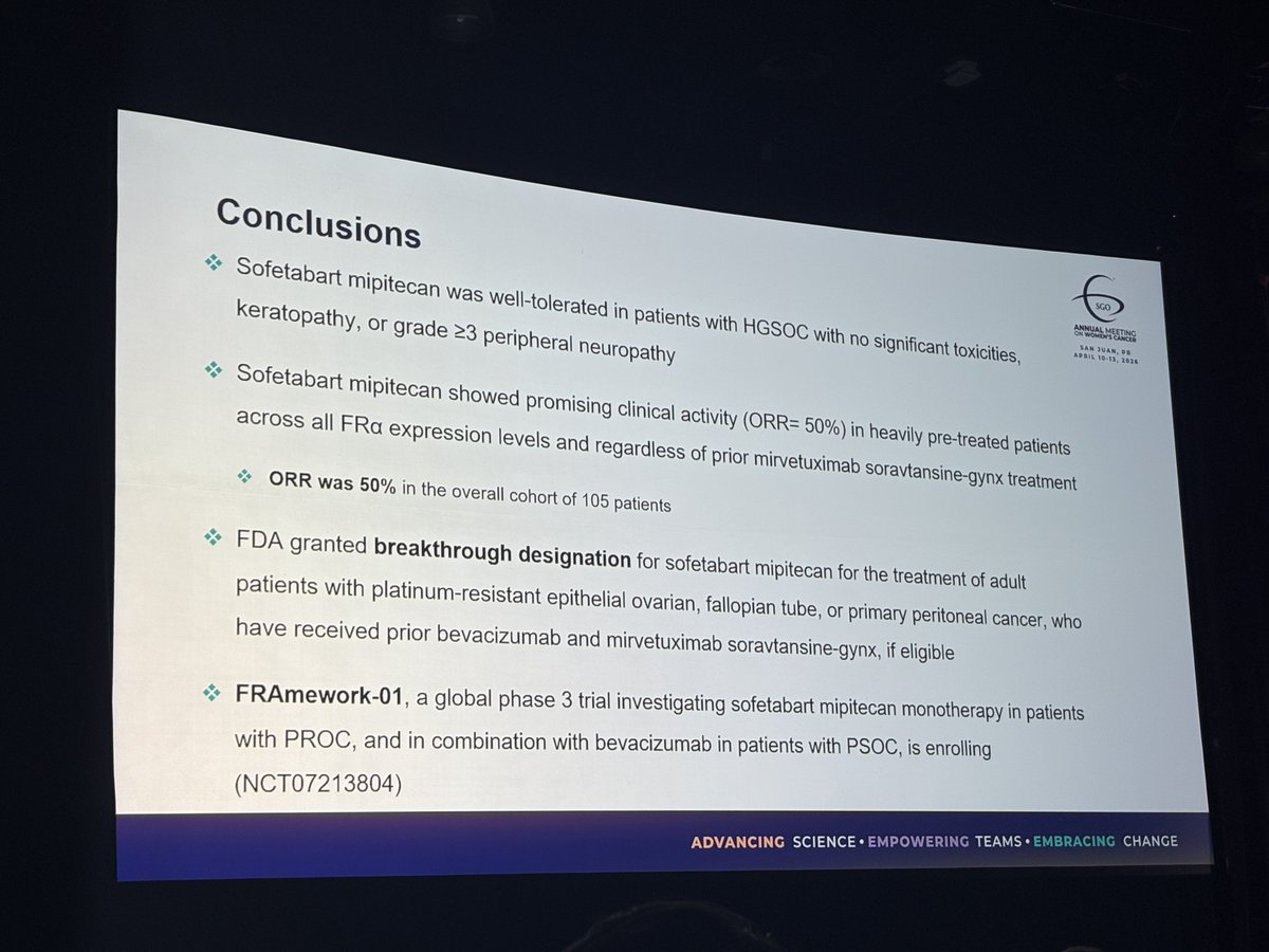 Updated Ph1 data for Sofe-M (LY4170156) in recurrent PROC at #SGOAM26.

✅ ORR 50% in a heavily pretreated cohort
✅ Activity across FRα expression levels, including prior MIRV exposure
✅ Favorable safety, with low neuropathy and no keratopathy

Ph3 ongoing!
 <a href="/SGO_org/">SGO</a> @gyncancer