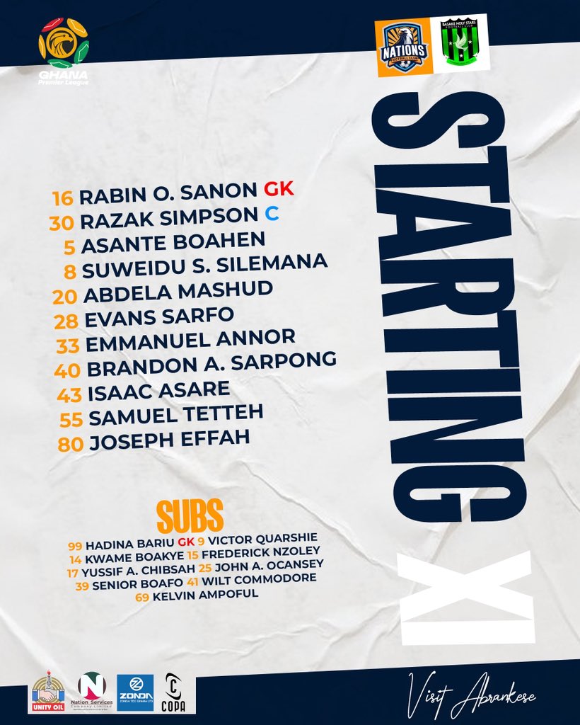nationsfcgh's tweet image. Starting XI Vs Holy Stars FC✊

WIFW 🔵🟠⚪️ 🦅 

#NFC #copa #UnityOil #NationServices #Zonda