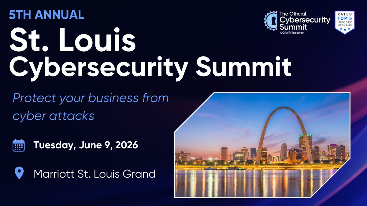 CyberSummitUSA's tweet photo. Save the date! Join us for the 5th Annual #St.Louis Cybersecurity Summit on Tuesday, June 9, 2026! Don't miss out on this must-attend event for IT and Security professionals. Register now: https://t.co/uScY7iF2pI

#CRAEvents #CyberSecuritySummit https://t.co/R9VybhoH2a