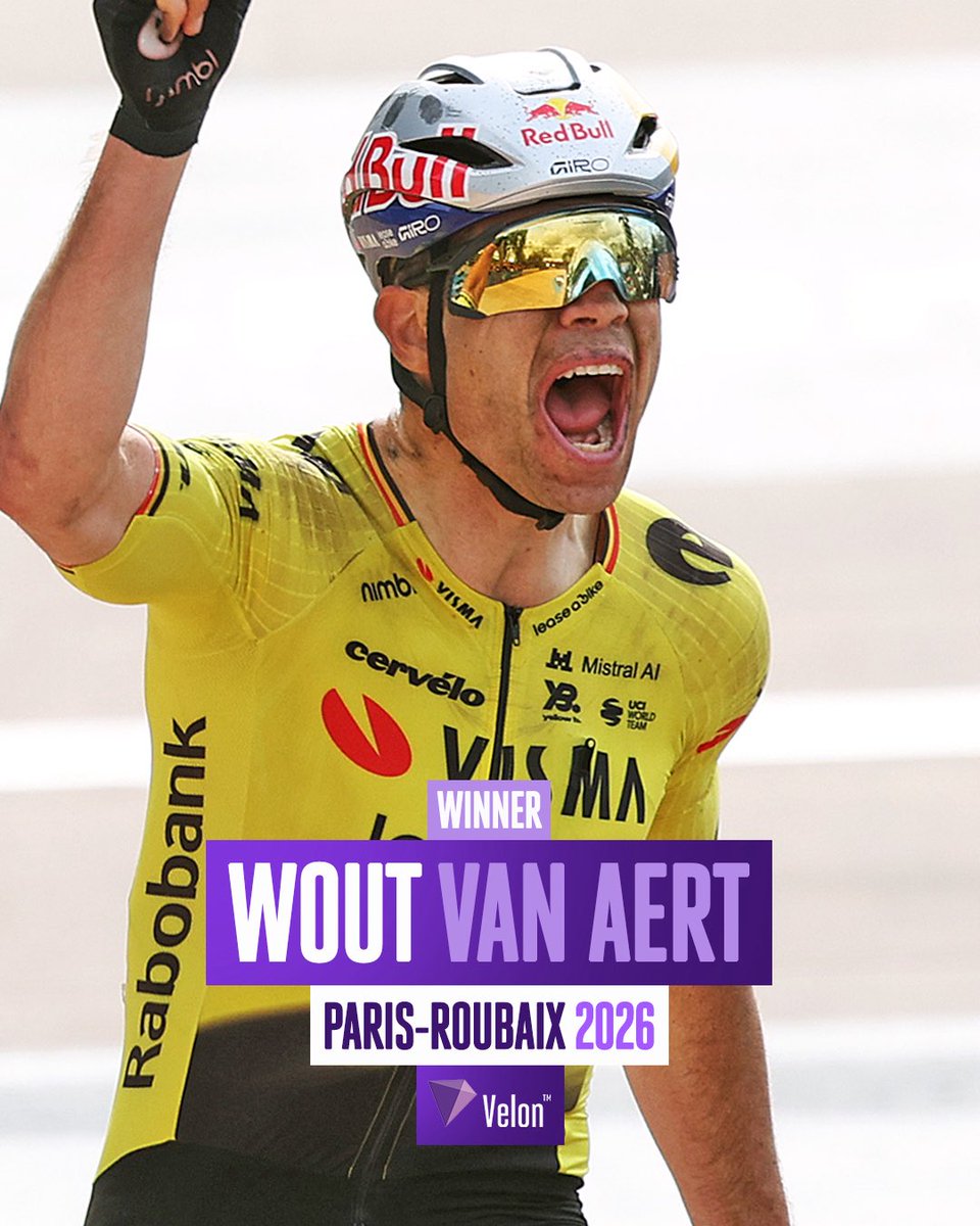 VelonCC's tweet image. Wout finally conquers Paris-Roubaix 🏆

Wout van Aert wins Paris-Roubaix at the seventh attempt after beating Tadej Pogačar in a two-up sprint.

𝐑𝐞𝐬𝐮𝐥𝐭:
1. Wout van Aert
2. Tadej Pogačar, same time
3. Jasper Stuyven, +13"

📸 Getty Images