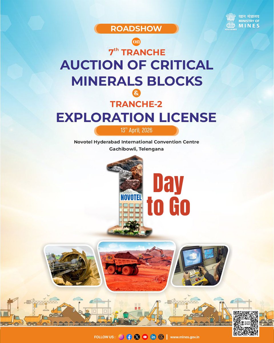 MinesMinIndia's tweet image. Just 1 Day to Go!

The countdown ends tomorrow as Hyderabad hosts the next milestone in India’s critical minerals mission.

#CriticalMineral #Roadshow