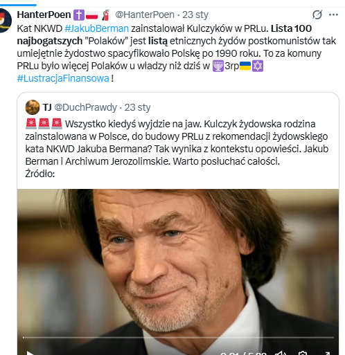 HanterPoen's tweet photo. OSTRZEGAM‼️Polską rządzi grupa ruskich POKOLENIOWYCH-MATRIOSZEK ŻYDOW LITWACKICH zainstalowanych przez Stalina po 1944.Stali się YELITĄ-finansową po eliminacji polskiej elity-1944-56-500 000 ofiar do 2 mln.A WYSTARCZY #TestTDNA.W.s #Kulczyk zamordowali dziennikarza i świadka-Lwów https://t.co/G5v4uoiVEK