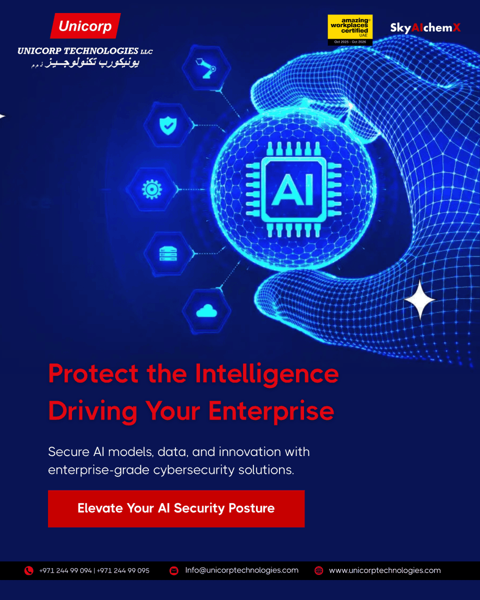 UnicorpTechUAE's tweet photo. AI is transforming enterprises—and introducing new cyber risks.
Secure your AI ecosystem with Unicorp Technologies and innovate with confidence.
https://t.co/E5ywtxwFnj
#SecureAI #AICybersecurity #CyberResilience #UnicorpTechnologies https://t.co/xxBEHsWHFs