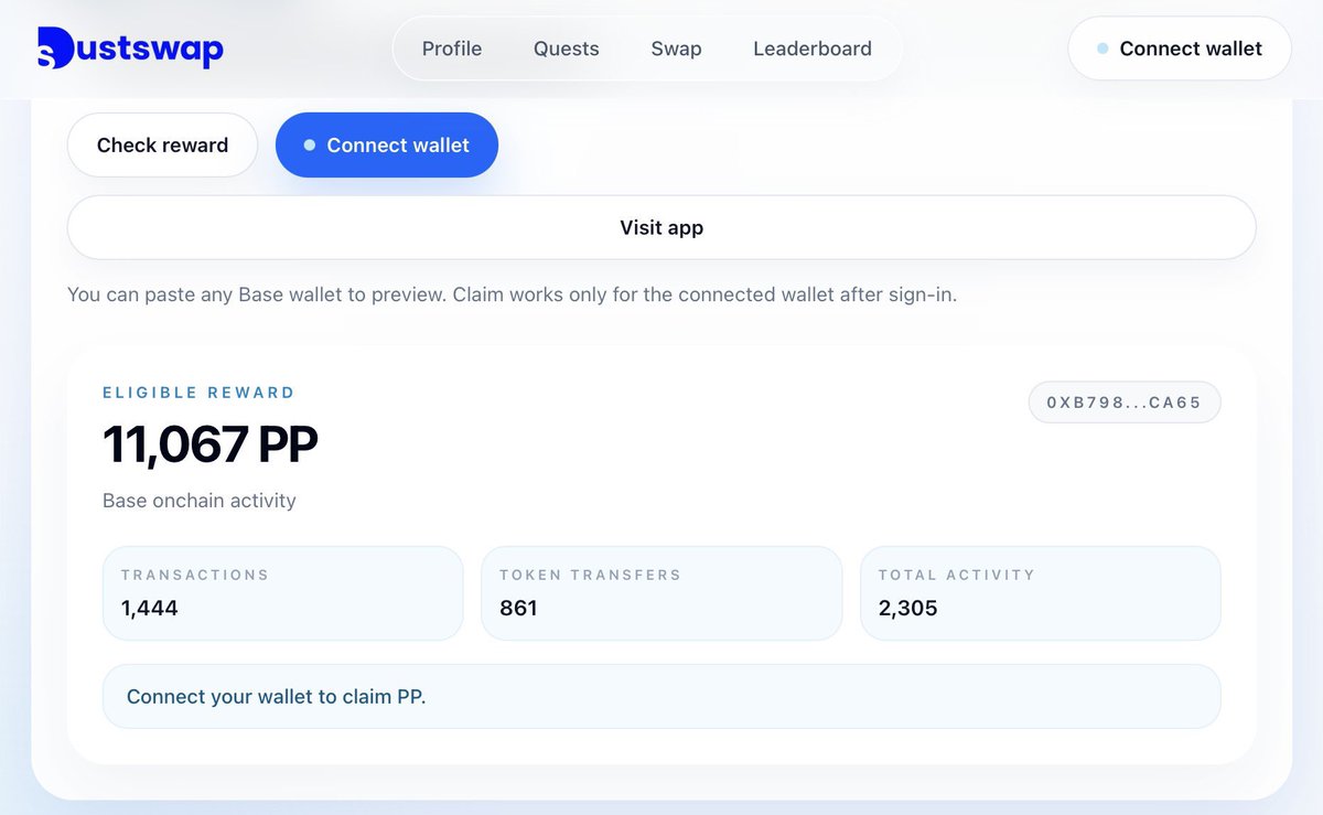 ด่วน! ไปเช็คแอร์ดรอปจาก <a href="/DustswapOnBase/">Dustswap</a> กันครับ

ผู้ใช้ <a href="/base/">Base</a> ที่ใช้งานบนเชนอย่างแข็งขัน
และผู้รับรางวัล creator จาก <a href="/baseapp/">Base App</a> จะมีสิทธ์

ทางไป app.dustswap.wtf/?ref=DUST-871QU วางวอลเล็ตของเรา
ตรวจสอบว่าที่อยู่เข้าเกณฑ์หรือไม่

หากเข้าเกณฑ์เชื่อมต่อวอลเล็ตของเพื่อนๆ และ เคลม PP จบ.