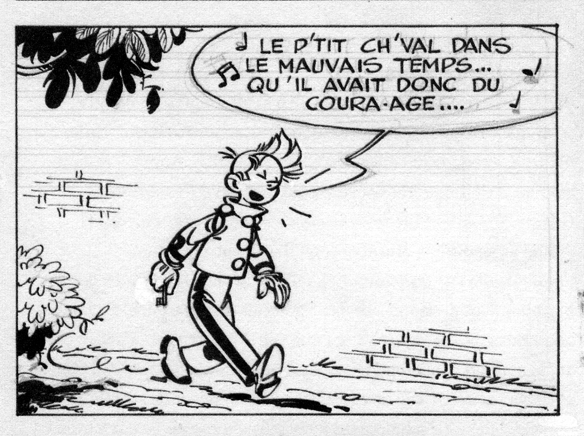 affreuxlathee's tweet image. Cette vignette extraite de la courte aventure de #Spirou «La quick Super» parue en 1955 nous informe que #Franquin était un amateur de #Brassens dès la première heure. 

(Le petit cheval fut publié en 1952)