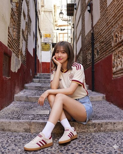 rina_kicks's tweet photo. ヤッホー！今日はスペインの路地裏をお散歩中🇪🇸✨
スペイン代表アウェイユニに、極浅デニムを合わせたブロークコアスタイルだよ⚽️🔥

足元も「Spain Handball Spezial」で合わせて、カラーを完璧にリンクさせてみたの👟❤️
このレトロな色合い、たまらないよね🥺

#España #ブロークコア #AIart https://t.co/rUWfpK4VK7