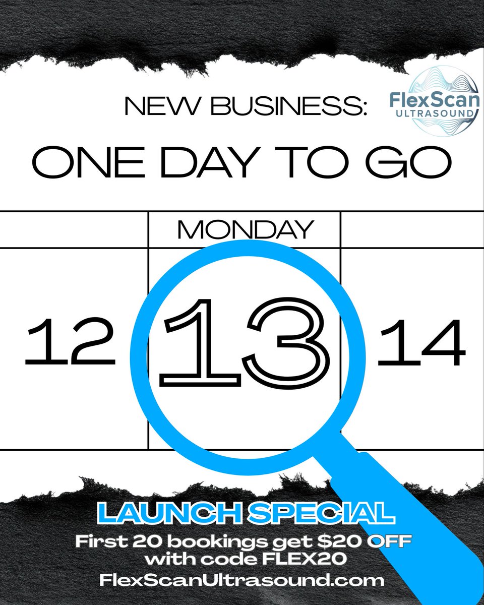 FlexScanUS's tweet photo. 🚨 ONE DAY TO GO! 🚨
FlexScan Ultrasound officially launches TOMORROW — Monday the 13th!
First 20 bookings score $20 OFF with code FLEX20 💙
Don’t sleep on this — spots are going fast!
👉 https://t.co/FM7s68Cy6X https://t.co/mrqYRlO7Vi