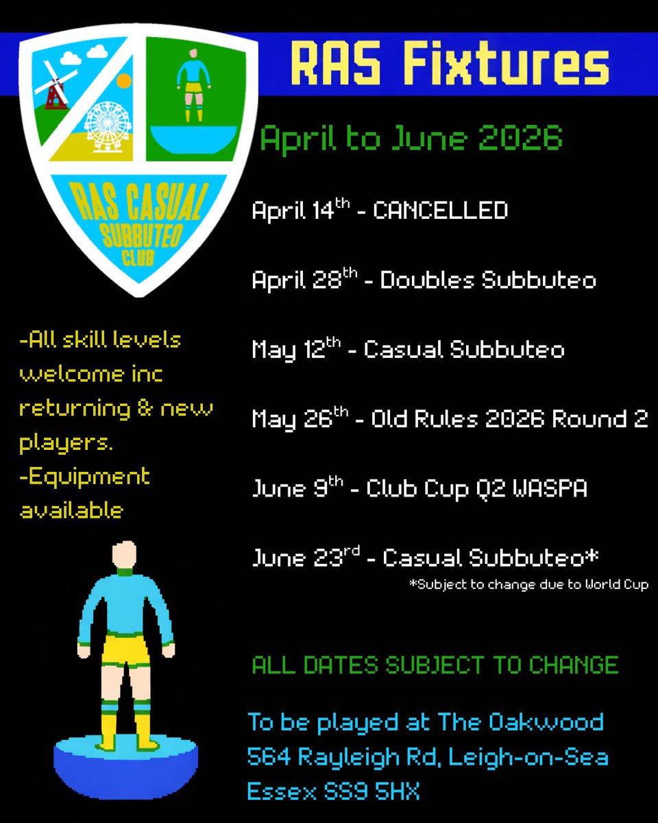 RAS_Subbuteo's tweet photo. Sadly our next upcoming event has been cancelled due to The Oakwood being temporarily closed. Our next event is now on the 28th of August. We’ll see you there. #Subbuteo https://t.co/2WrzULMqLJ