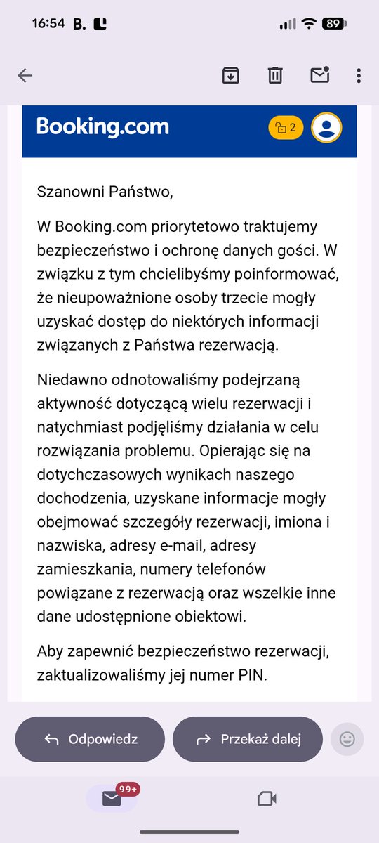 Booking miał jakiś włam, bo rozsyłają takiego maila 🤷cece: <a href="/niebezpiecznik/">Niebezpiecznik</a>
<a href="/Zaufana3Strona/">ZaufanaTrzeciaStrona @zaufanatrzeciastrona@infosec</a>