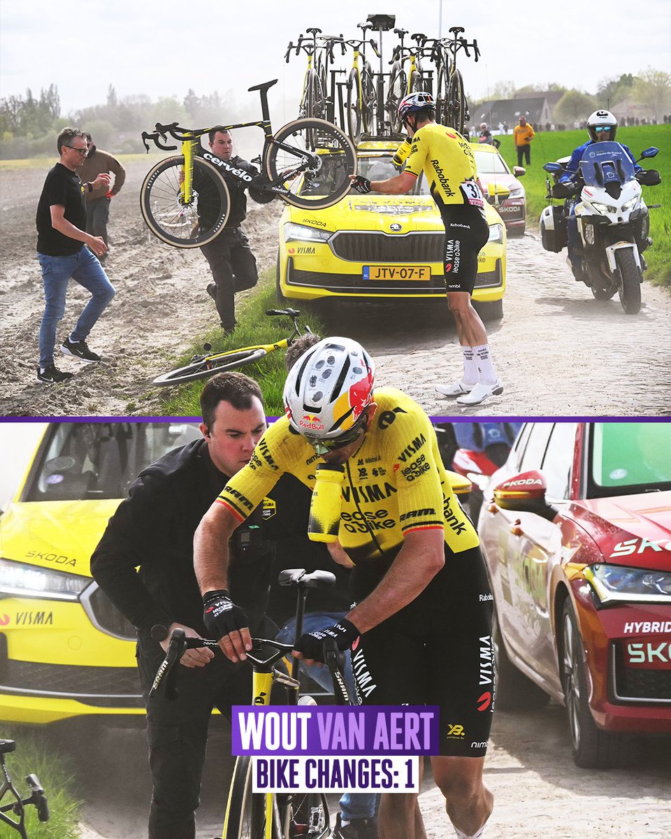 VelonCC's tweet image. Absolute carnage on the cobbles 😮‍💨

Tadej Pogačar, Wout van Aert and Mathieu van der Poel were among the many riders who suffered punctures and bike changes in a scintillating edition of Paris–Roubaix 🤯