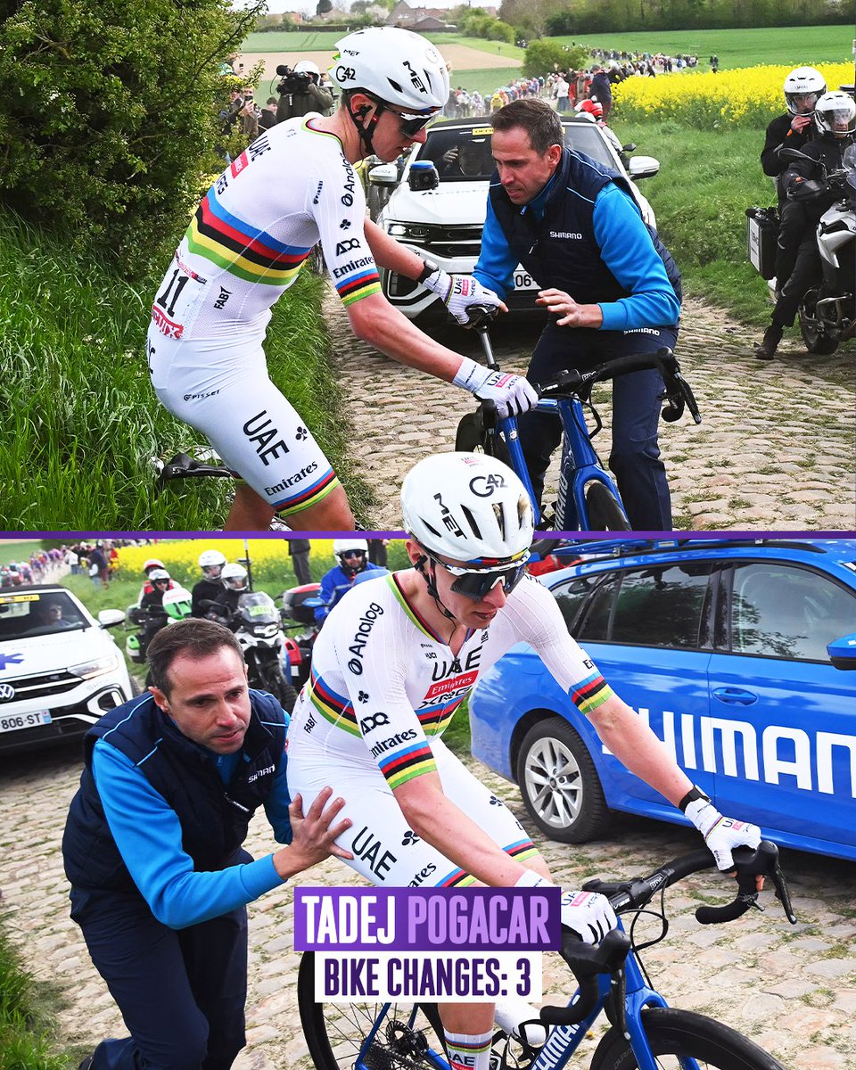 VelonCC's tweet image. Absolute carnage on the cobbles 😮‍💨

Tadej Pogačar, Wout van Aert and Mathieu van der Poel were among the many riders who suffered punctures and bike changes in a scintillating edition of Paris–Roubaix 🤯