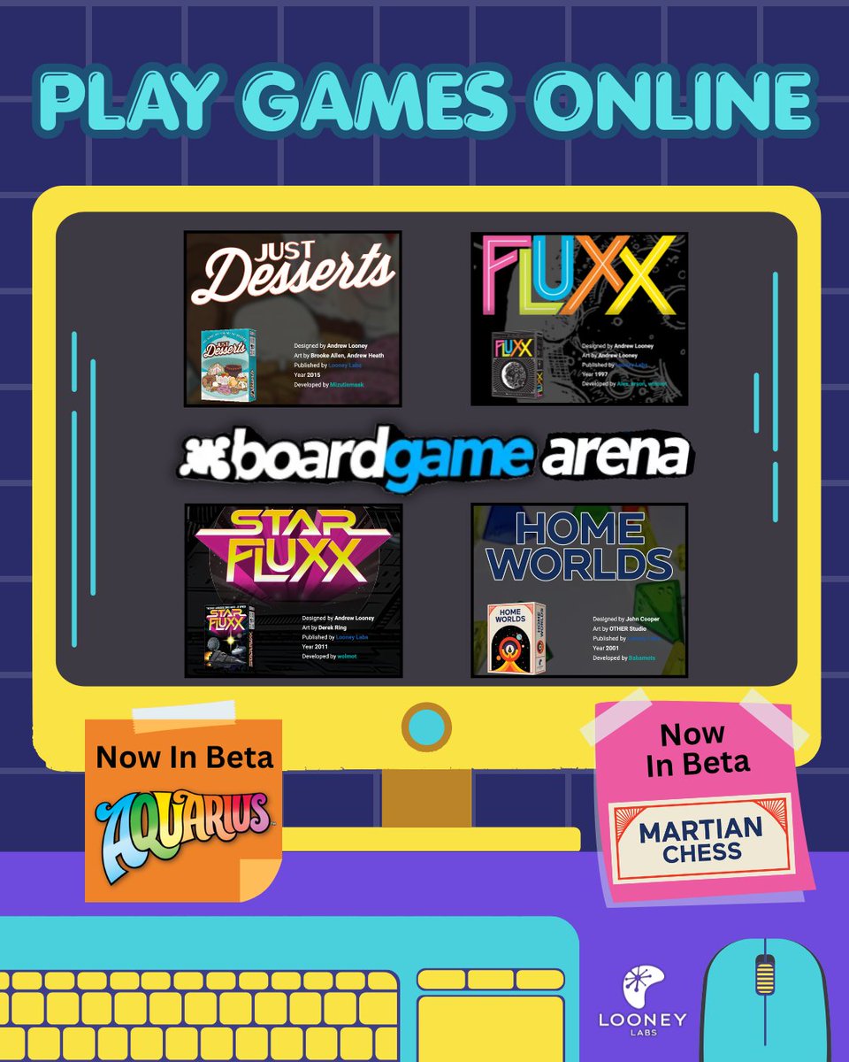 LooneyLabs's tweet photo. Do you enjoy playing games online? Half a dozen Looney Labs games are now available to play on @BoardGameArena for you to Learn and Play! Which one are you going to play first? https://t.co/kaLviO9KoT
