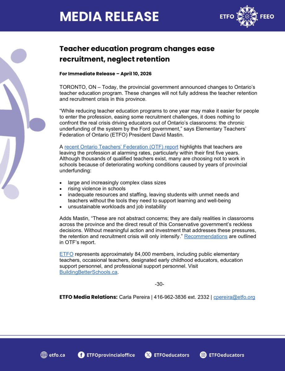 ETFOPeel's tweet photo. #ETFO MEDIA RELEASE: Teacher education program changes ease recruitment, neglect retention

@ETFOPresident: “W/o meaningful action &amp; investment that addresses [underfunding] pressures, the retention &amp; recruitment crisis will only intensify.”

https://t.co/4zMntoDIju #OntEd #OnLab https://t.co/LXLnWWwQhz