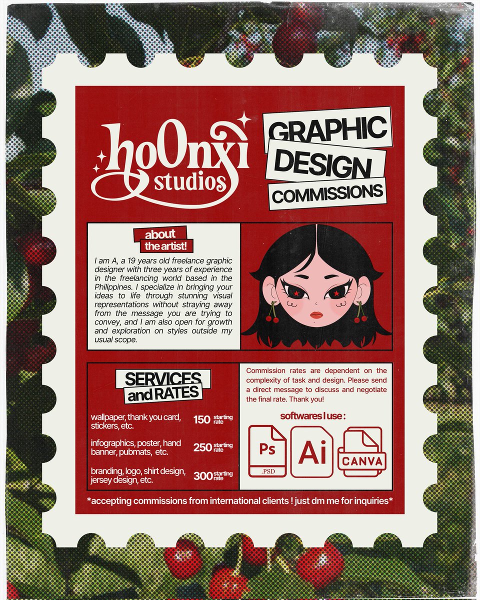 ho0nxizip's tweet photo. ⋆˚࿔ 🍒 𝗵𝗶, 𝘄𝗲𝗹𝗰𝗼𝗺𝗲 𝘁𝗼 𝗵𝗼𝟬𝗻𝘅𝗶.𝘀𝘁𝘂𝗱𝗶𝗼𝘀 📮

   ⋆˚꩜｡ we are open for: ⋆˚࿔
     ࣪𖤐.ᐟ graphic design commissions! 
     ⤷ 🌐: https://t.co/JNj9M5IUjC
      » 📁: media https://t.co/6cu2BvheN0