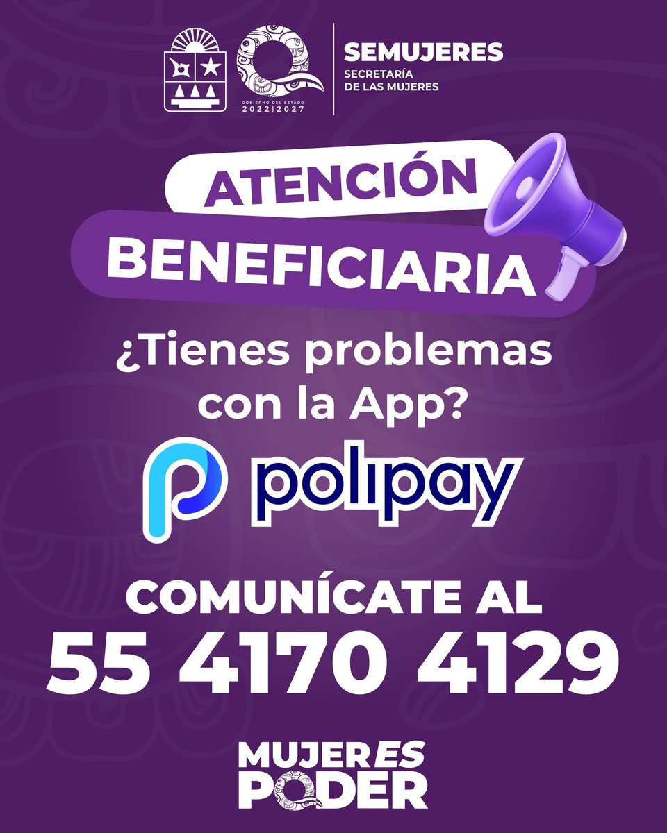 MaraLezama's tweet photo. ¡Amigas beneficiarias de #MujerEsPoder! 💜

Si tienen dudas o algún problema con su app Polipay, te comparto un canal de atención disponible para ayudarte de forma rápida y directa.

📞 Comunícate al 55 41 70 41 29 y recibe apoyo con tu aplicación.

Estamos para acompañarte y que sigas utilizando tu apoyo sin complicaciones. ✨

#HumanistaConCorazónFeminista